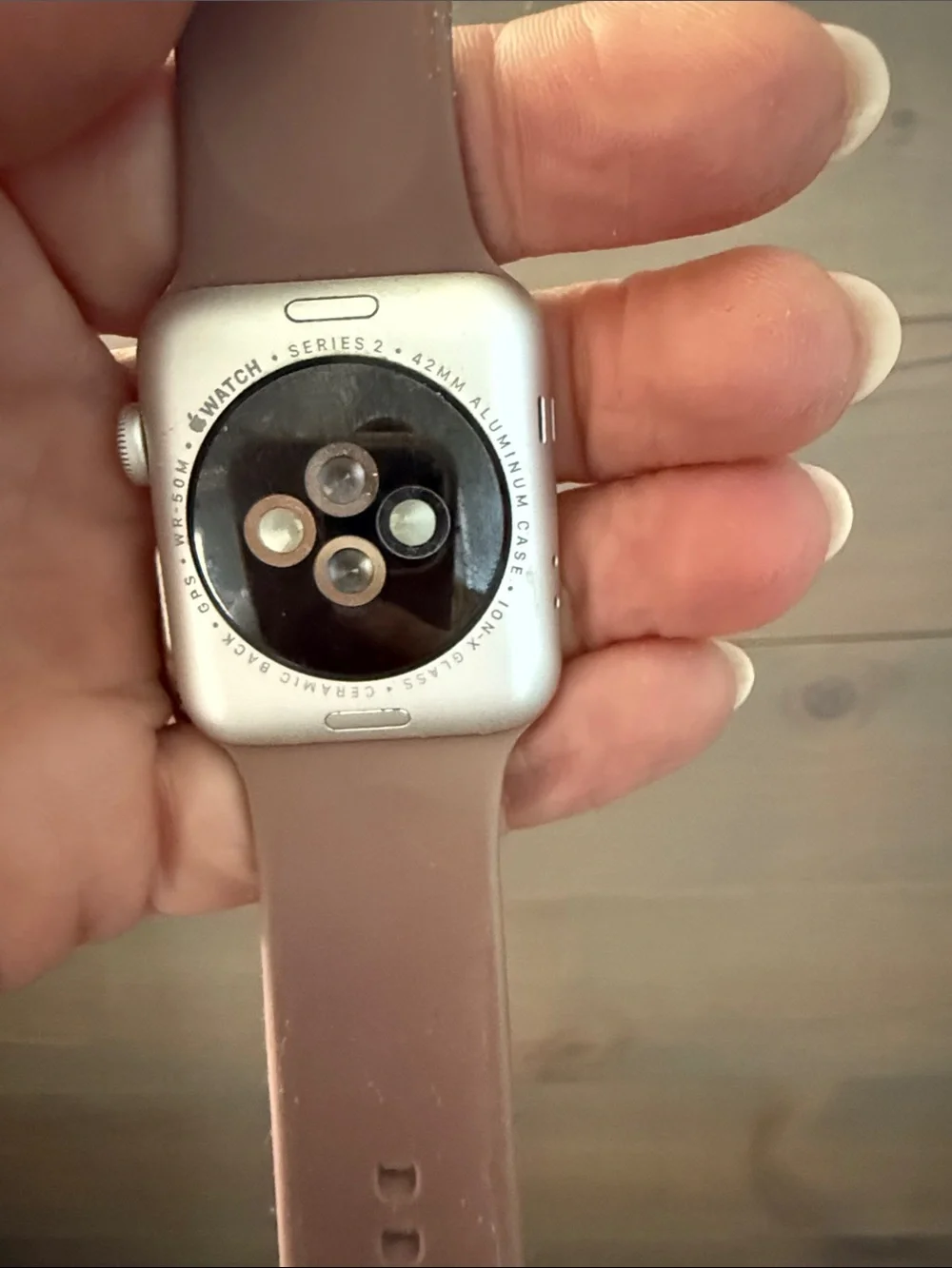Apple Gen 1 Watch with Taupe Silicone Band and Gold Buckle